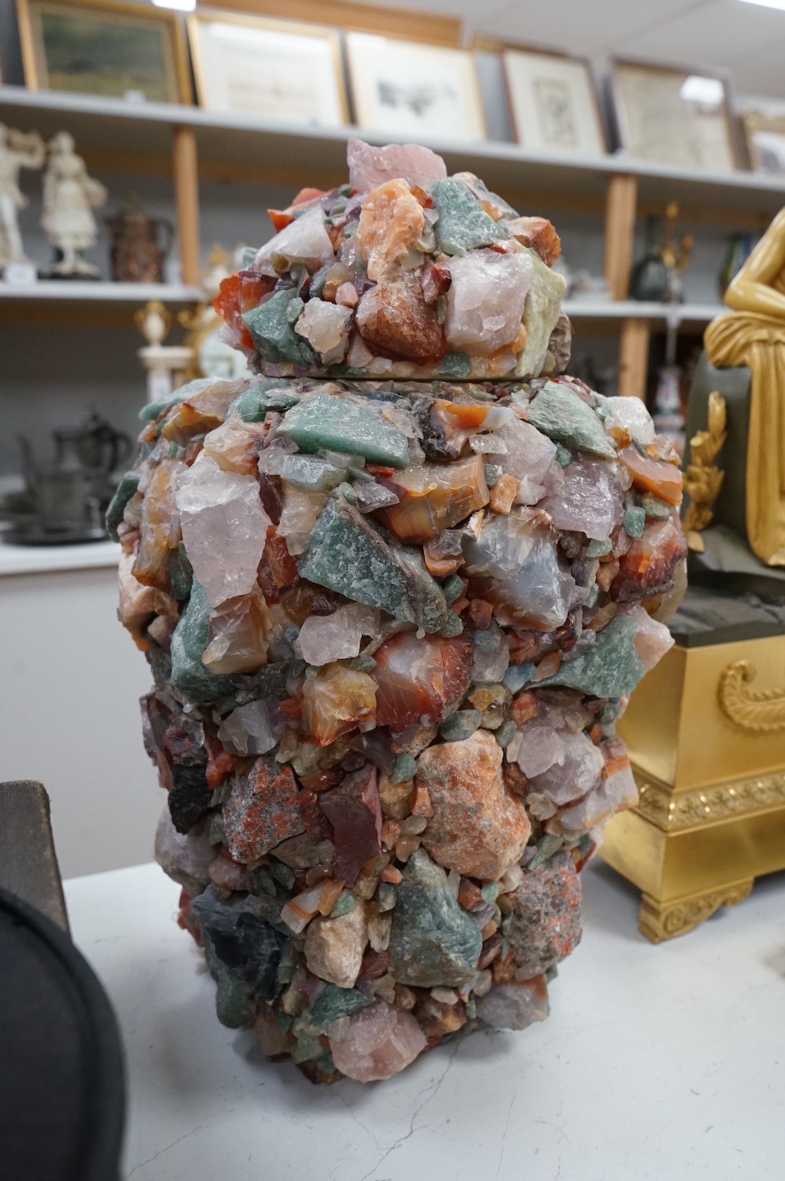 A contemporary pottery and gemstone vase and cover, 40cm high